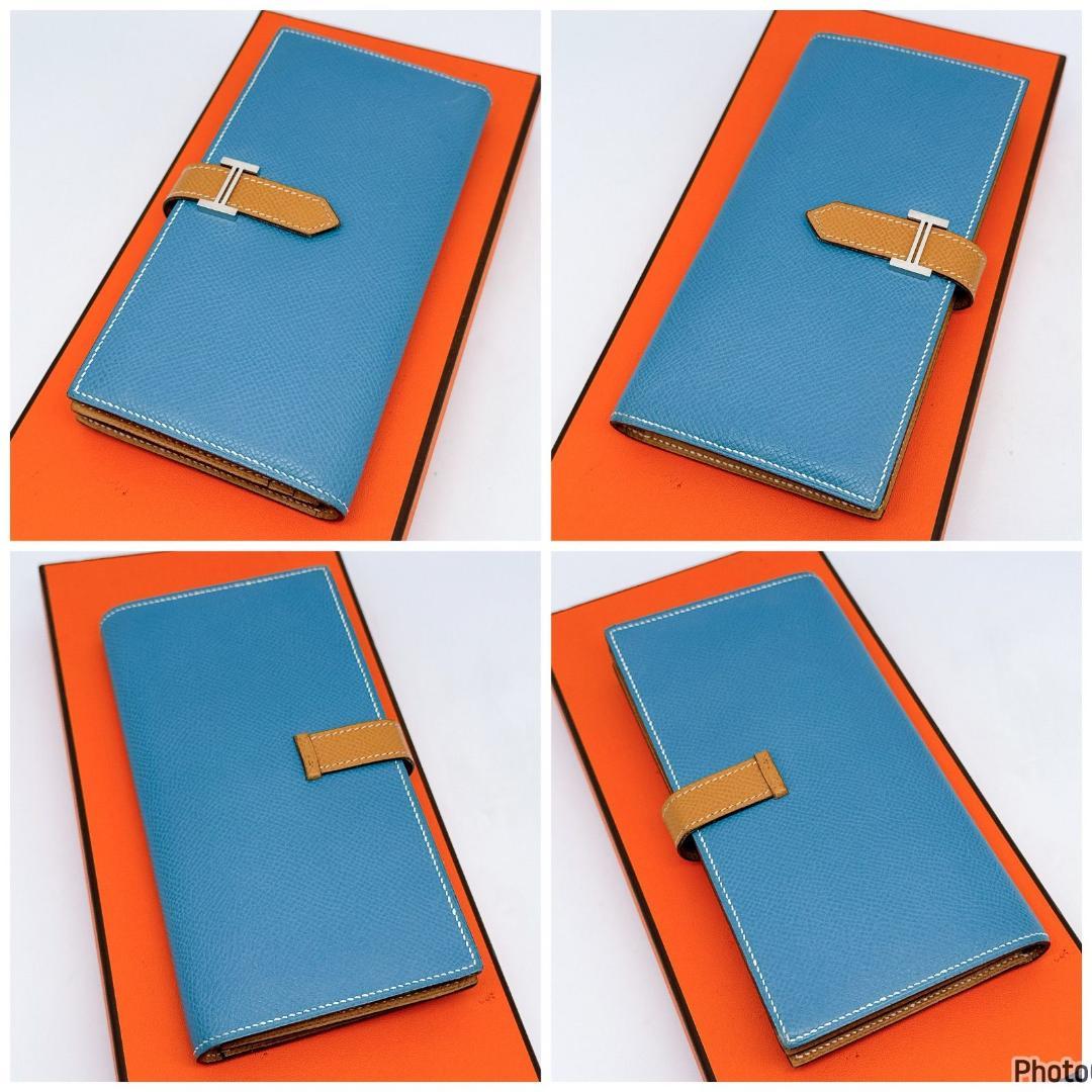 エルメス✨ベアン✨スフレ✨ブルージーン　ゴールド✨二つ折り長財布203