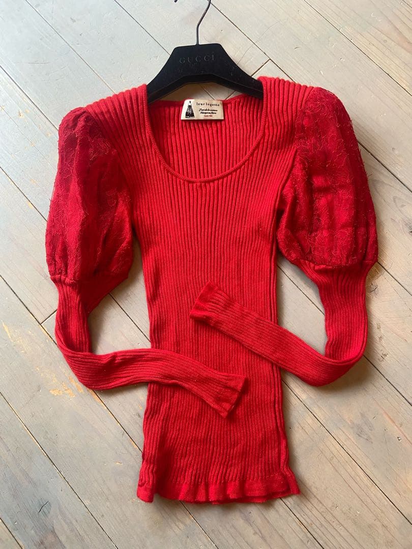 leur logette リブニット パフスリーブ レース カシミヤ　シルク