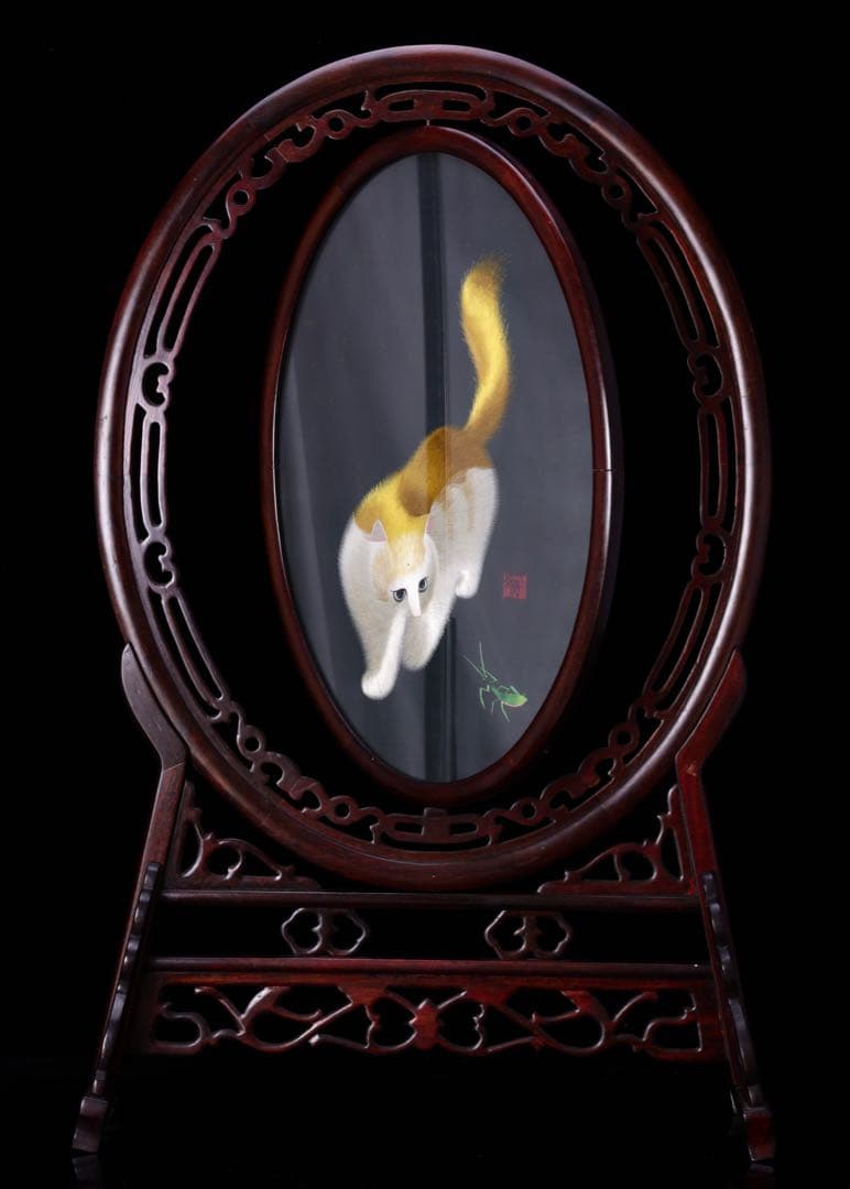 れ*い様 【極上工芸】中国蘇州 両面刺繍 猫とカマキリ 紫檀台付 衝立 高さ74