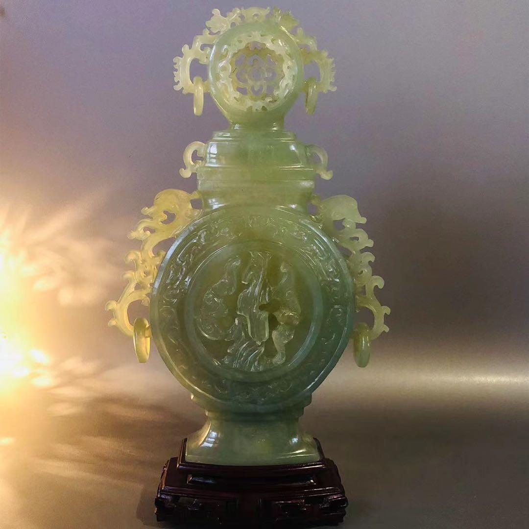 N191、天然石翡翠色 香炉 壺 飾り 高浮彫り 透かし彫り　極上彫刻 遊環