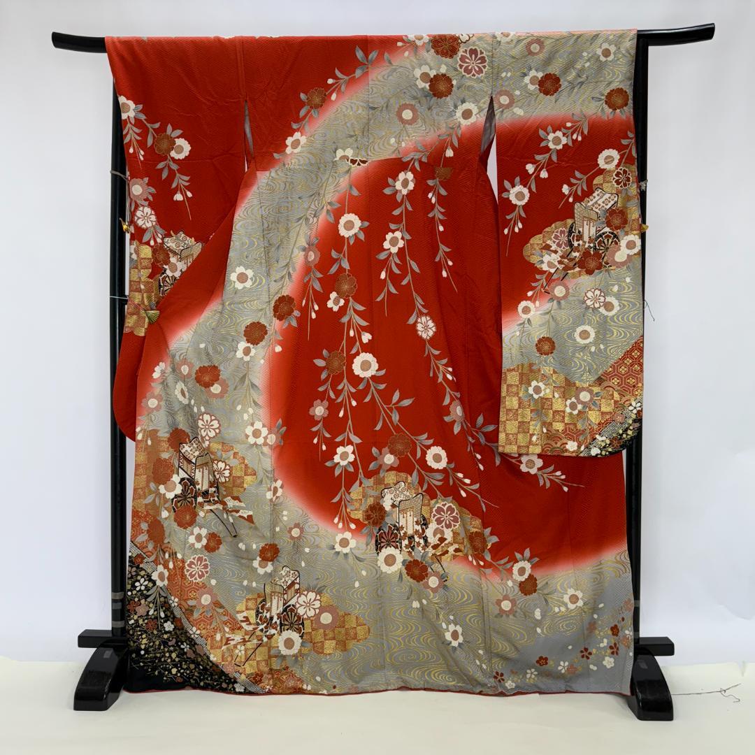 振袖フルセット 朱色 グレー 成人式 草履バック付 裄66cm S-211