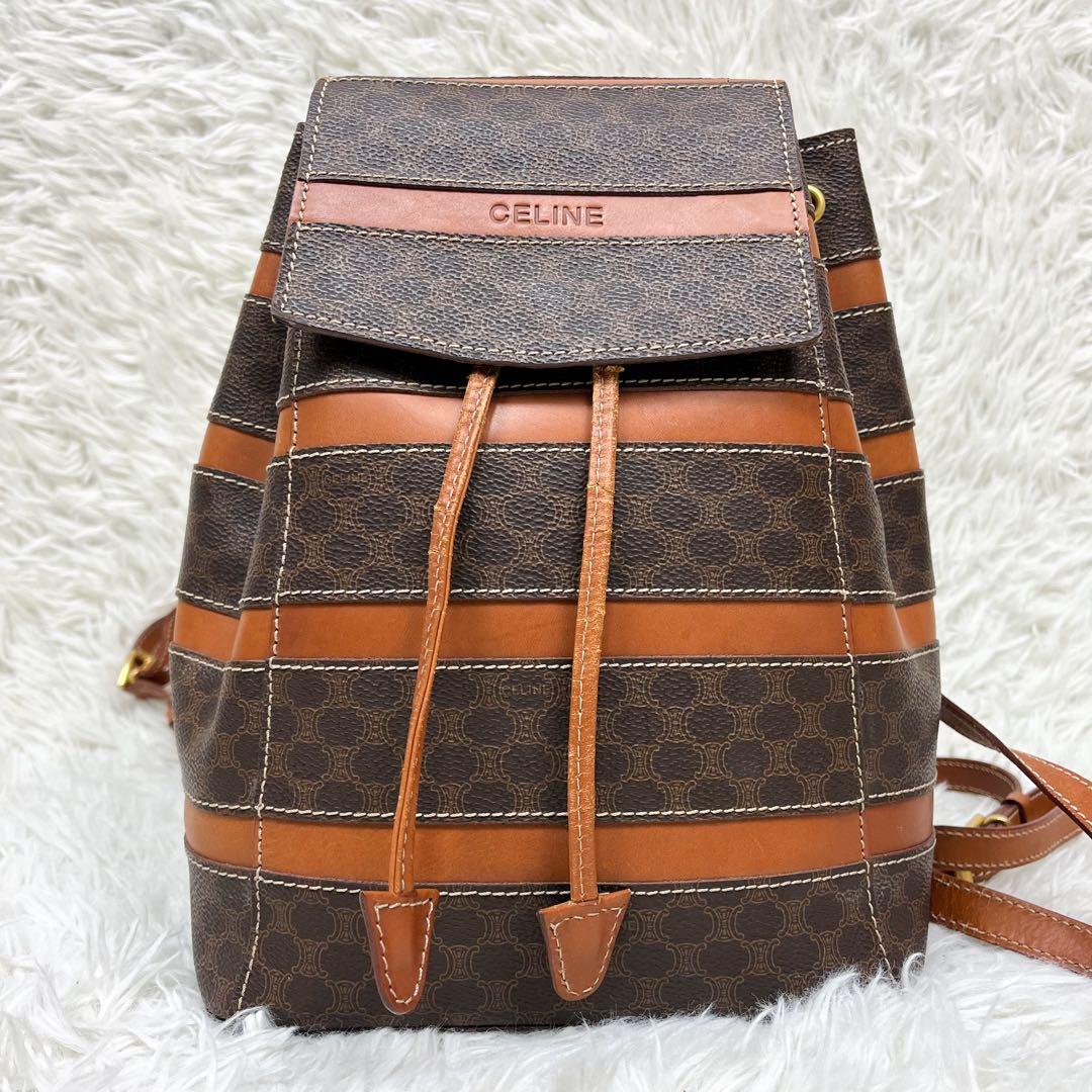 希少 セリーヌ CELINE リュック マカダム レザー PVC 巾着 フラップ