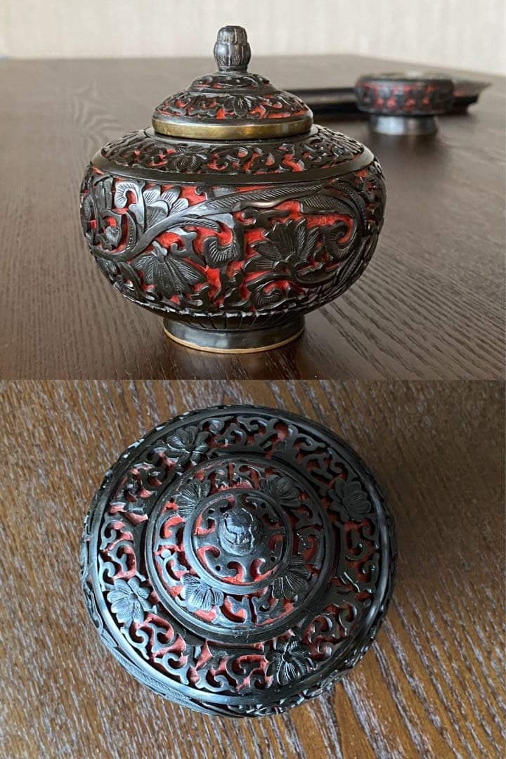 未使用　中国古玩　中国工芸美術品茶器茶道具　堆黒彫漆セット トレー付き