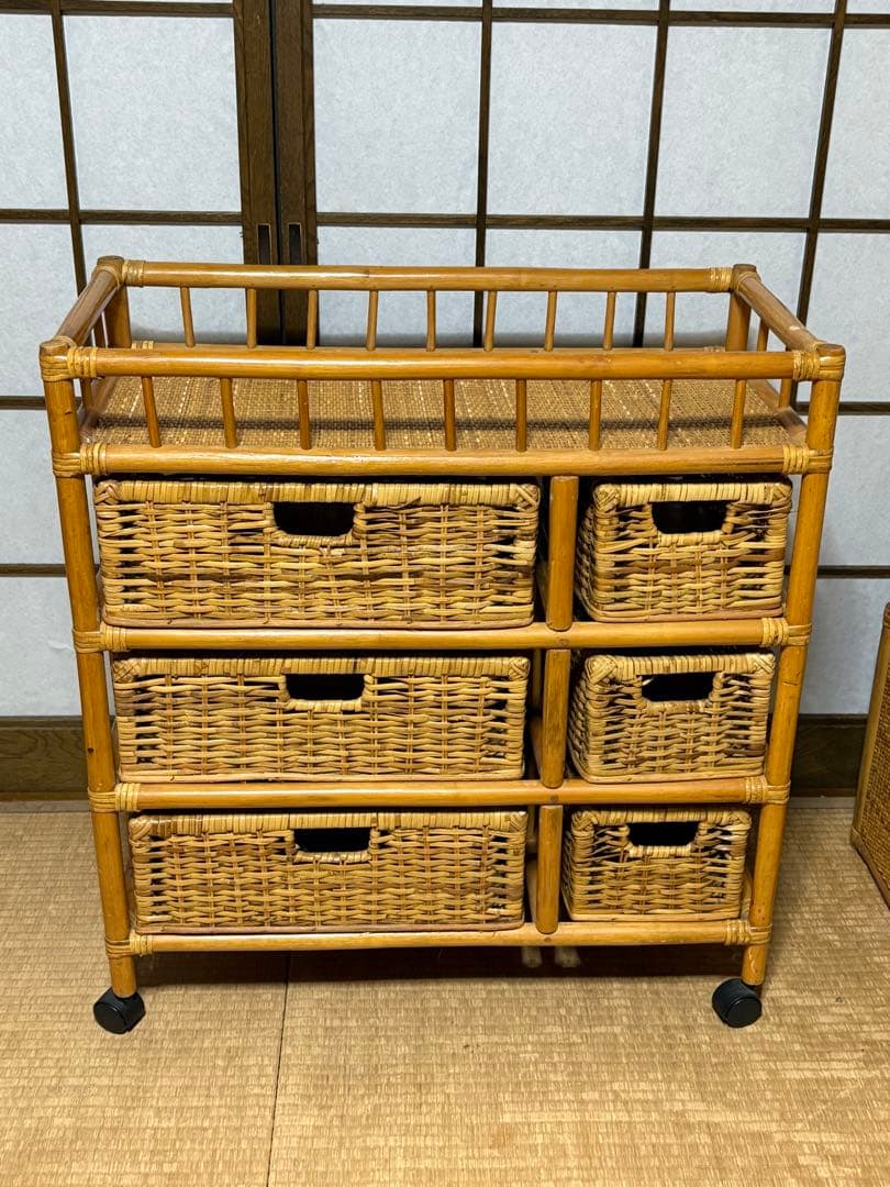 ラタン製 5段チェスト キャスター付き