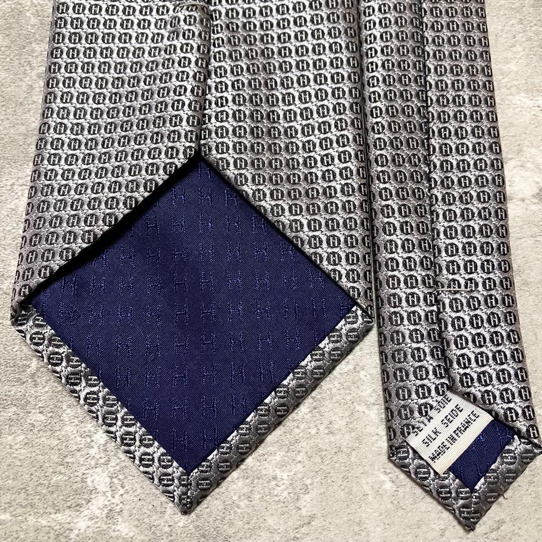 【美品】　エルメス　ネクタイ　H柄　ジャガード織　光沢感　シルバー × ブラック