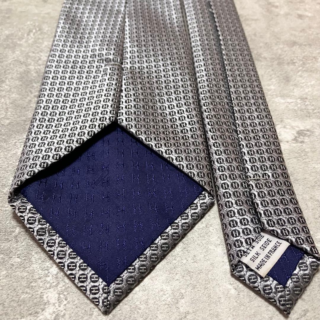 【美品】　エルメス　ネクタイ　H柄　ジャガード織　光沢感　シルバー × ブラック
