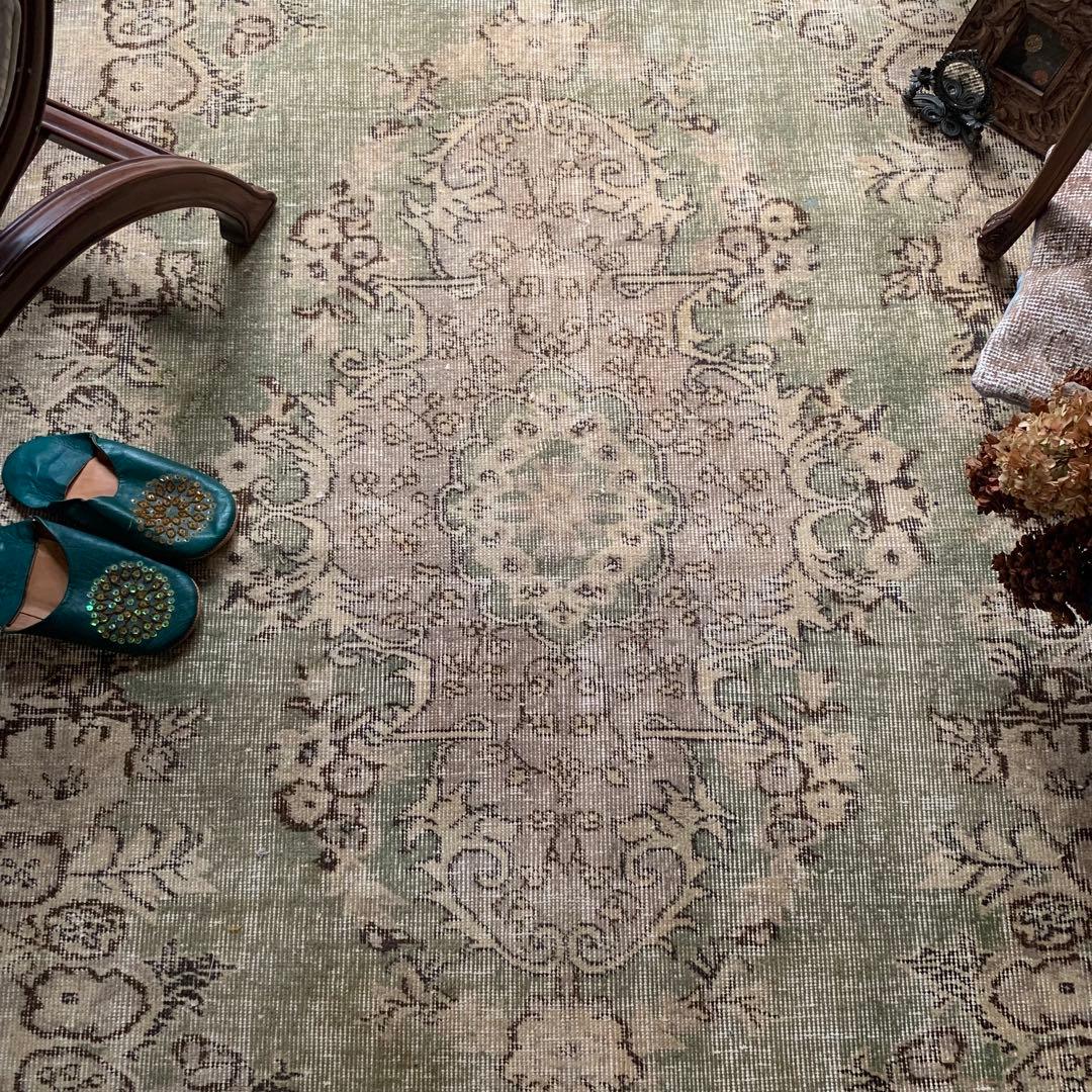 超大判　264. 153 トルコヴィンテージラグ　スモーキーグリーン　メダリオン