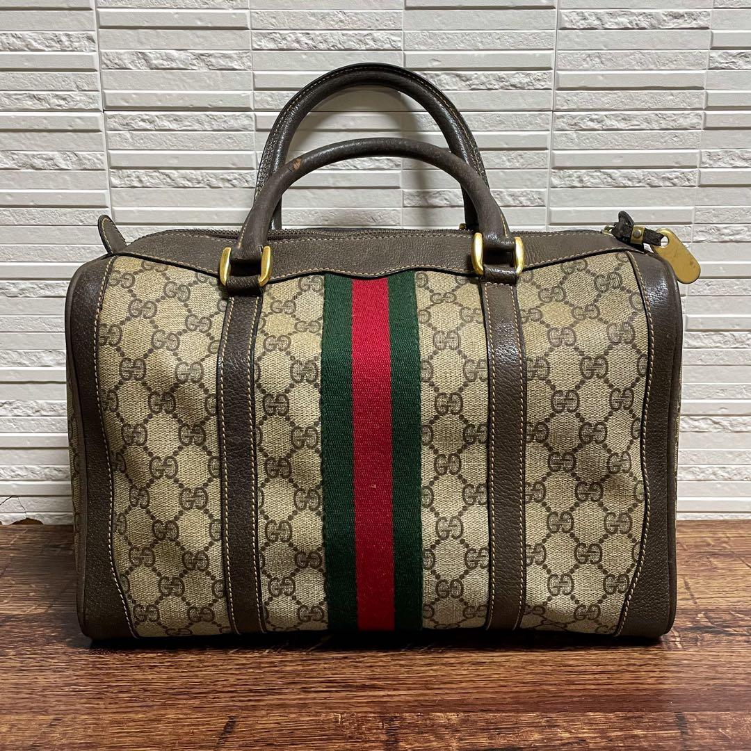 グッチ GGスプリーム PVC × レザー ハンド バッグ ボストン シェリー.