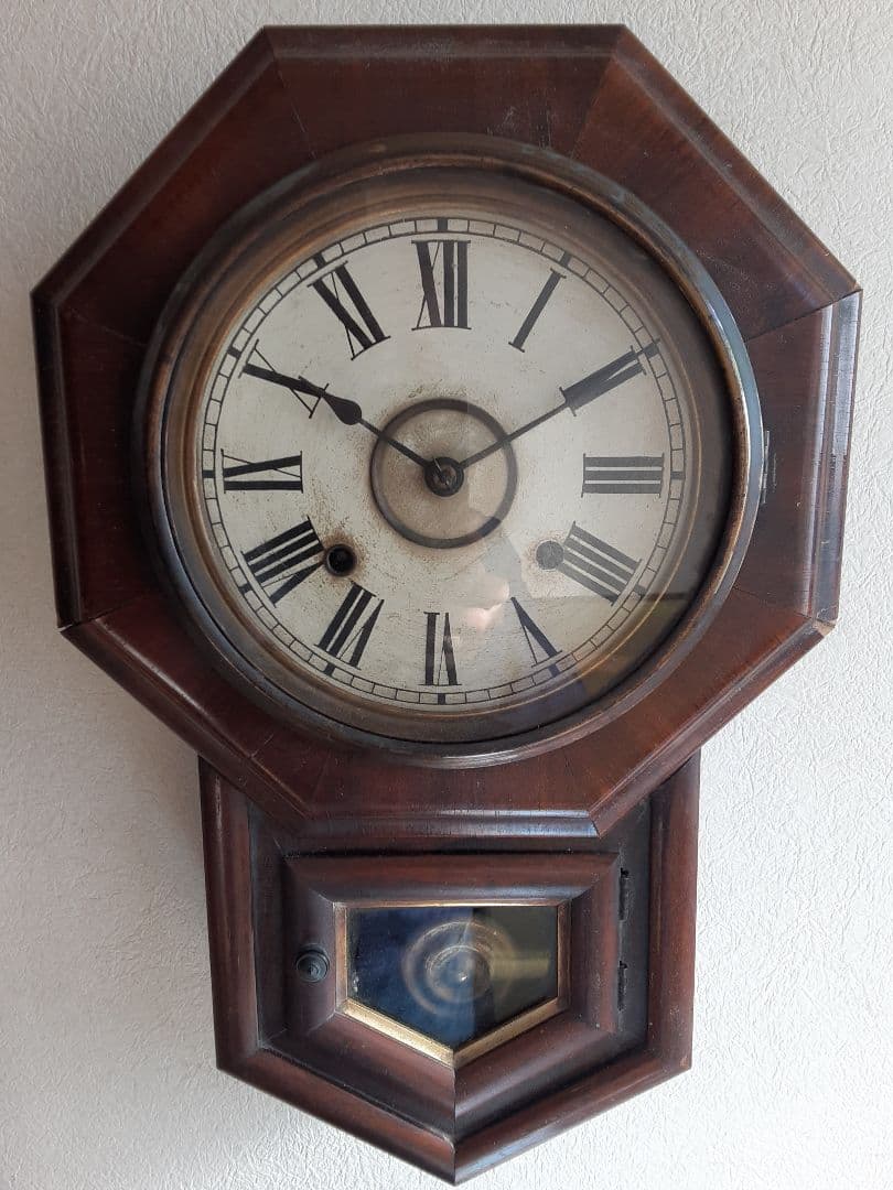 明治時代の八角形の柱掛時計、アメリカ製、機械式、ボンボン時計、調整済動作品