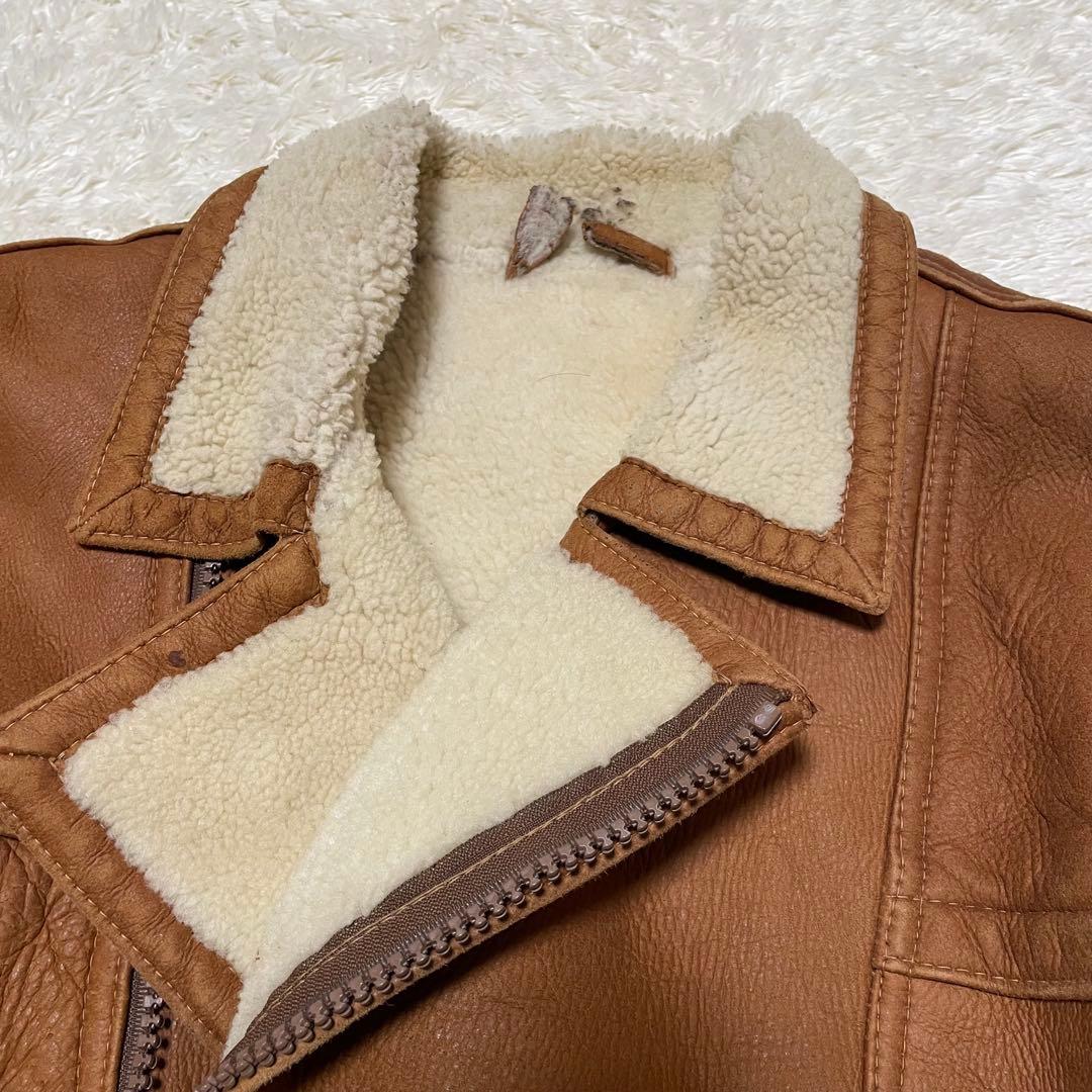 希少‼️USA製 ムートンライダースジャケット　ブラウンレザー　ダブル　ボア襟付き