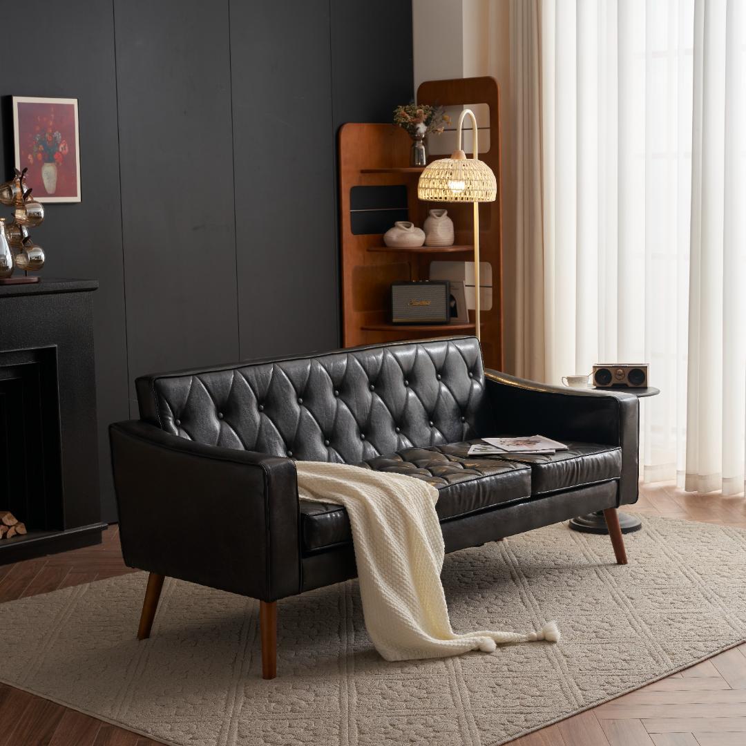 セール！ソファー 3人掛カウチソファリビングソファ 肘付オットマン ブラック