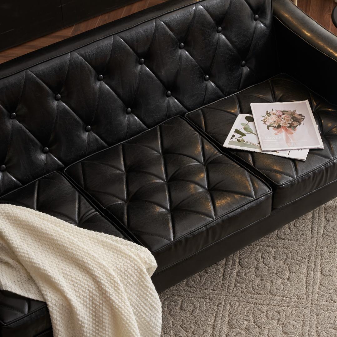 セール！ソファー 3人掛カウチソファリビングソファ 肘付オットマン ブラック