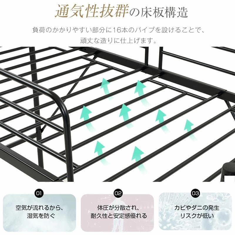 ロフトベッド　コントロール棚付き　シングルサイズ　北欧風　スチール製　BLACK