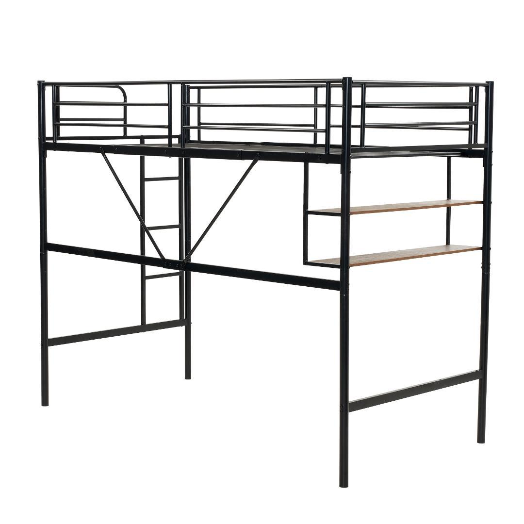 ロフトベッド　コントロール棚付き　シングルサイズ　北欧風　スチール製　BLACK