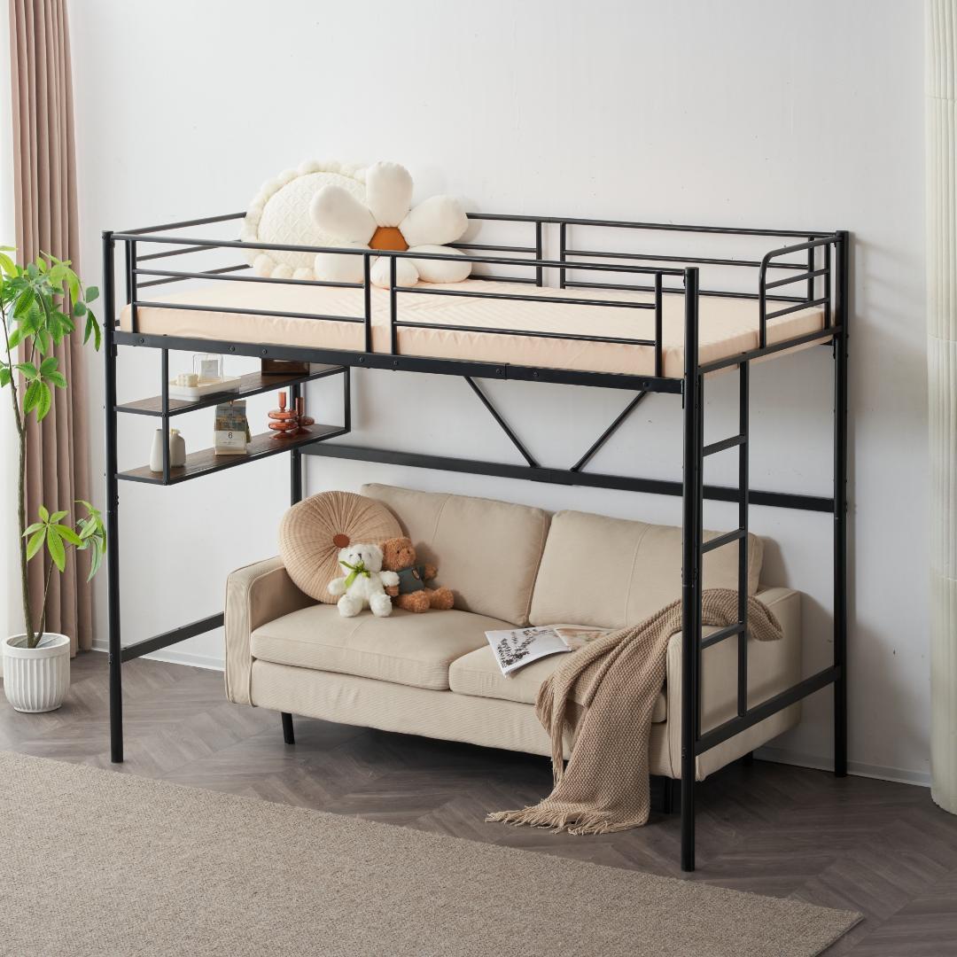 ロフトベッド　コントロール棚付き　シングルサイズ　北欧風　スチール製　BLACK