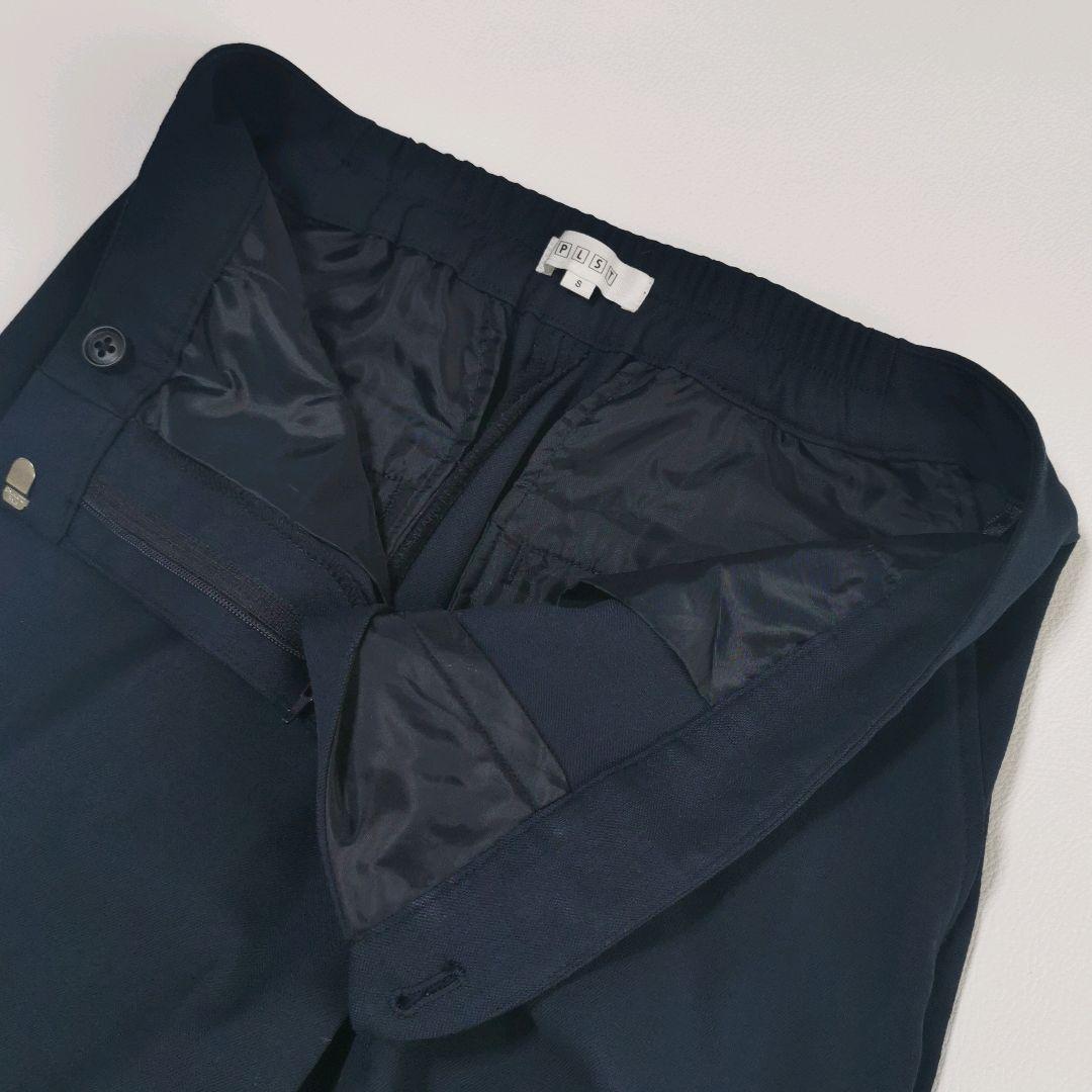 プラステ パンツスーツ ノーカラージャケット セットアップ リネン混 ボタンレス