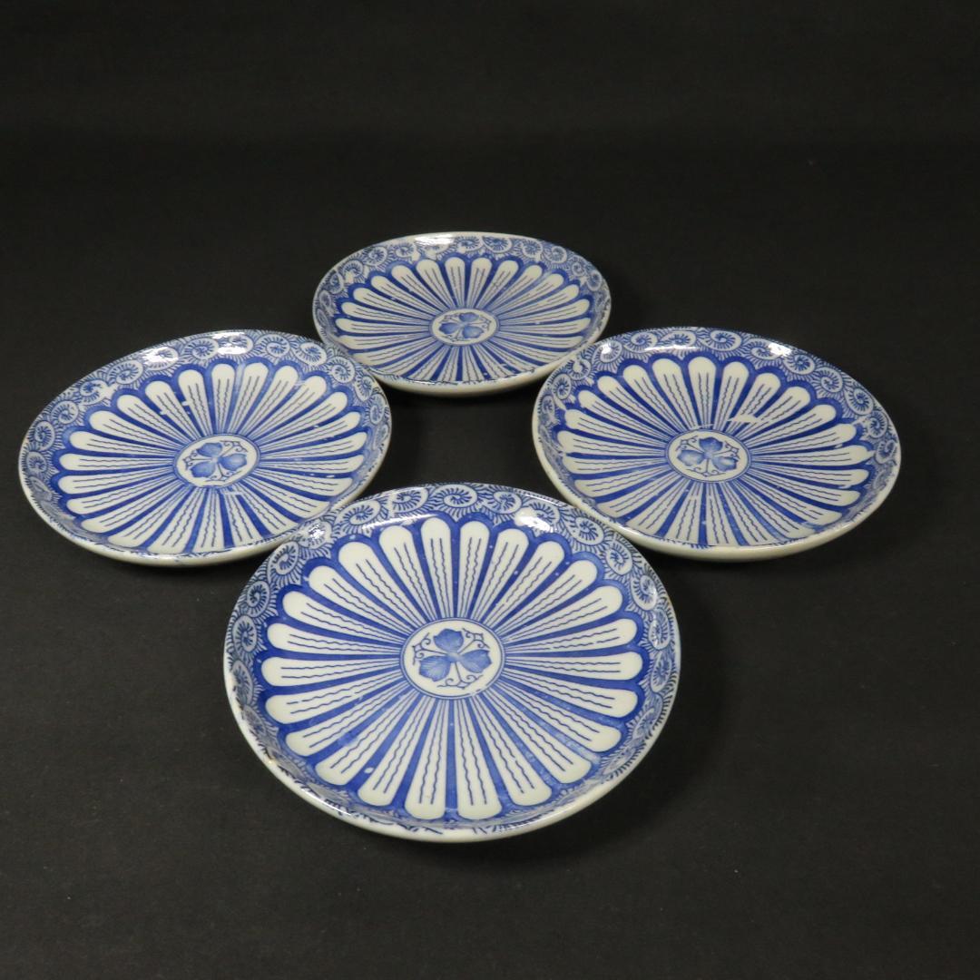 皿 中皿 4枚 印判染付 歪み 菊文様 蛸唐草 明治 大正