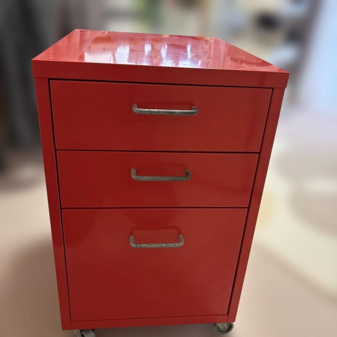 フランフラン３段デスクワゴン スチール製 キャスター付 赤色 日本製