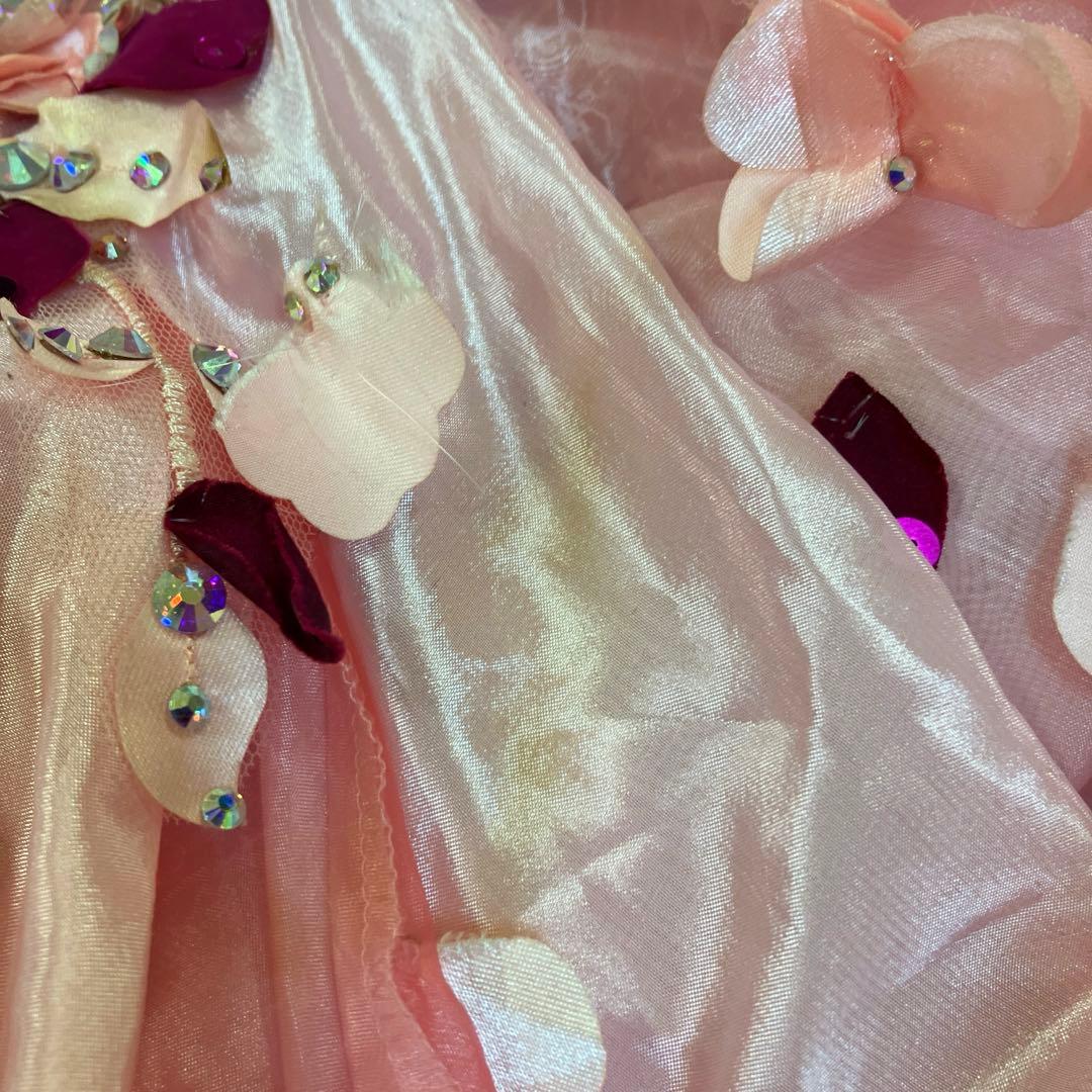 社交ダンスドレス 長袖 スタンダード ピンク フラワー装飾