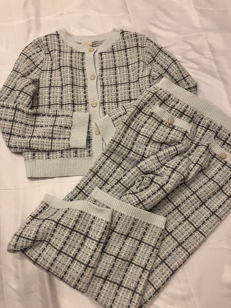 未使用ジェラートピケ　チェック柄カーディガン&ロングパンツセット