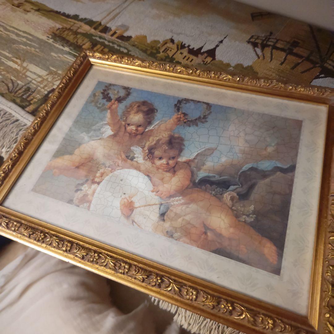 天使　額絵　イタリア製　宗教　ひび割れ風　アートポスター　金枠　彫刻　ゴールド
