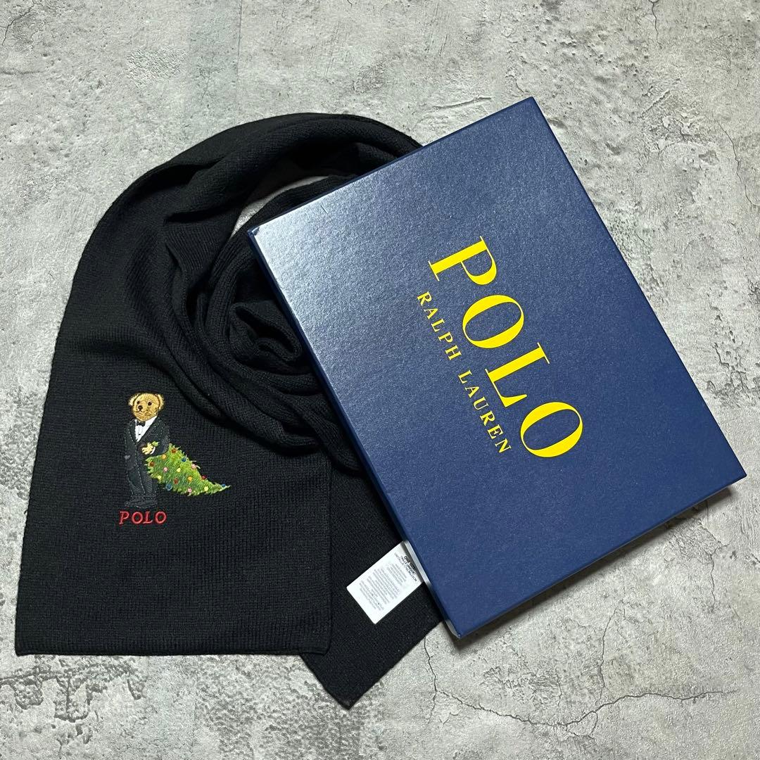 ポロラルフローレン　ポロベア刺繍　ブラック　マフラー　23cm×178cm.