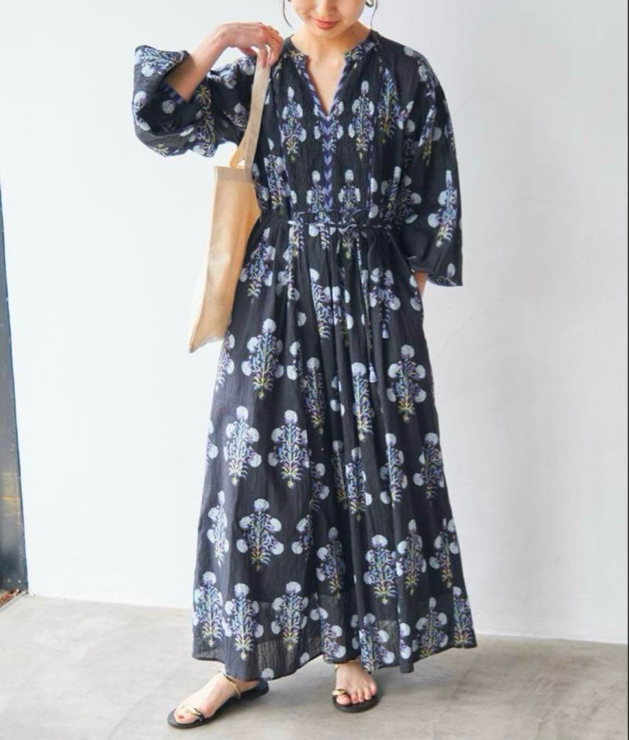 24SSヌキテパ コットンジャガード マリーゴールド プリントシャーリングドレス