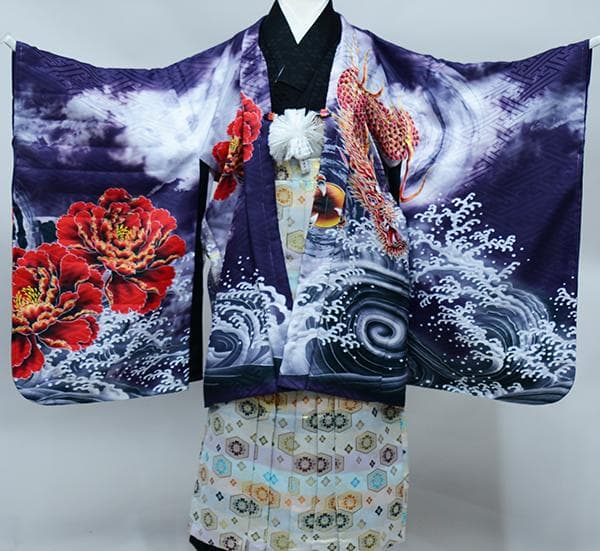 七五三 五歳 男児 羽織袴フルセット L寸 紫地 龍 袴変更可能 NO38757