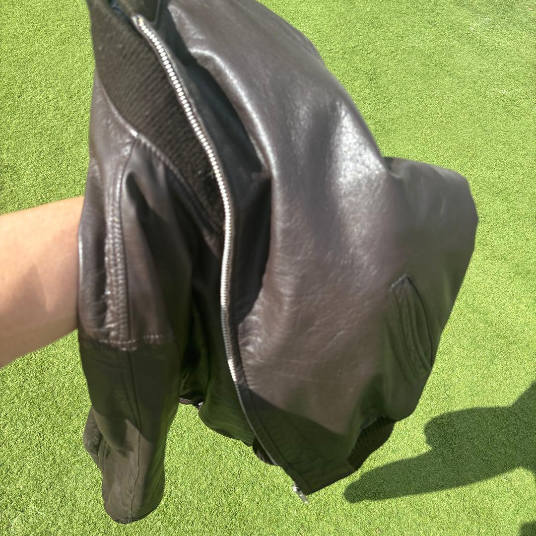 90s 短丈 レザージャケット MA-1型 ブラウン チェック柄 古着 本革