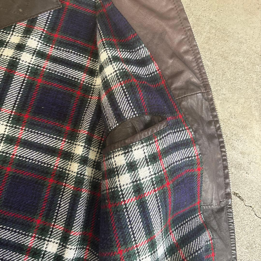 90s 短丈 レザージャケット MA-1型 ブラウン チェック柄 古着 本革