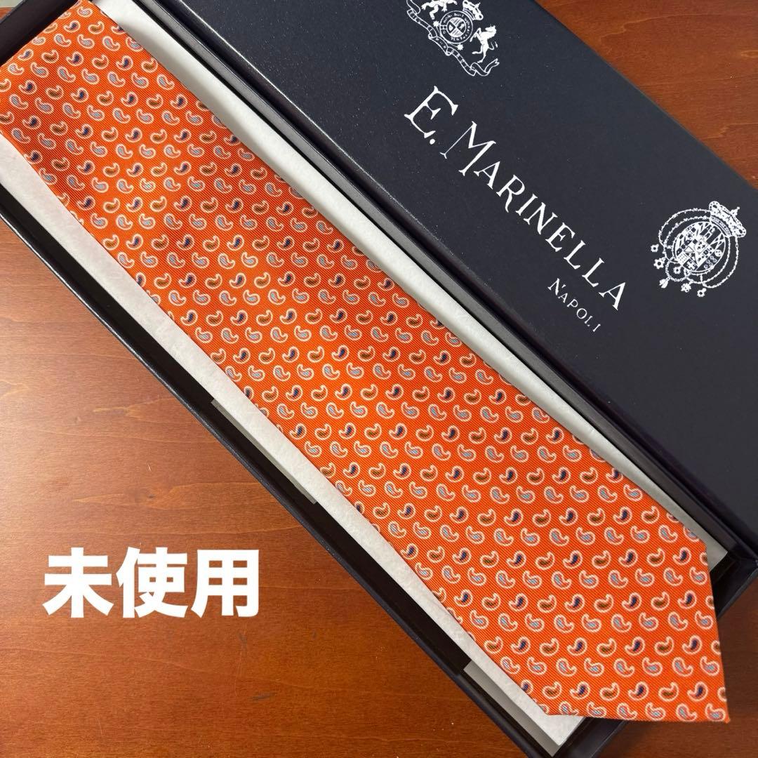 未使用 定価4.4万 E.マリネッラ セッテピエゲ ペイズリー小紋タイ オレンジ