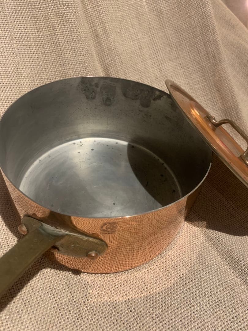 フランスビンテージ 蓋付き 銅製深型 16cm ソースパン 刻印入りg-25