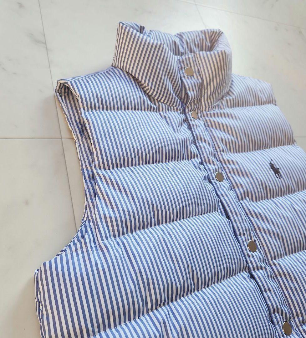 美品 ラルフローレン ダウンベスト ポニー刺繍 ストライプ 青×白