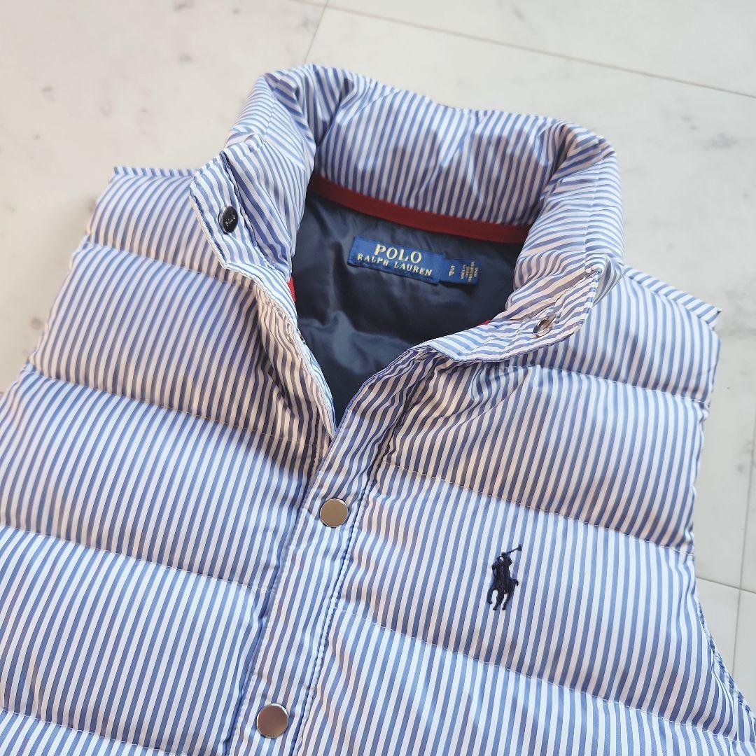 美品 ラルフローレン ダウンベスト ポニー刺繍 ストライプ 青×白