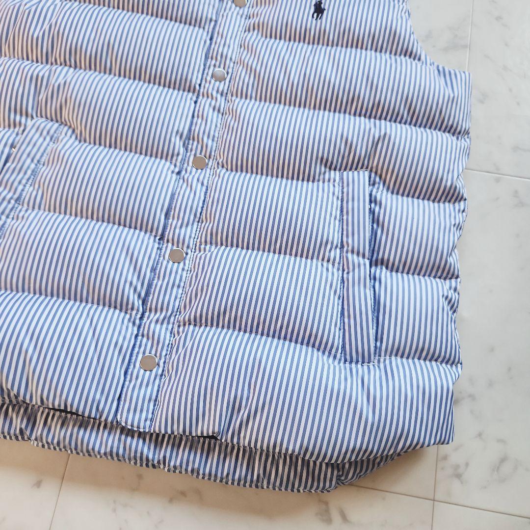 美品 ラルフローレン ダウンベスト ポニー刺繍 ストライプ 青×白