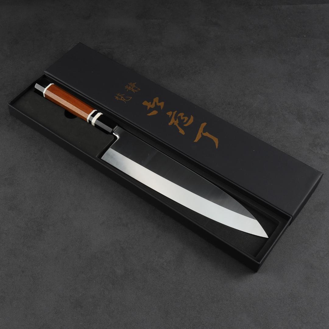 6782 出刃包丁 9寸（刃渡り270mm）本刃付け 黄檀黒水牛白三本巻八角柄