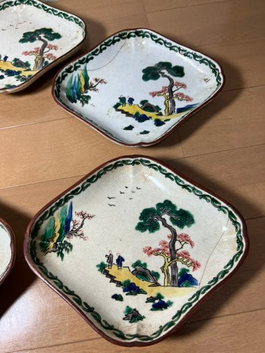 450 九谷焼　時代物　角福　皿　5客　古美術品