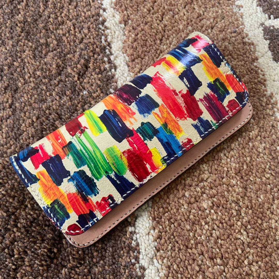 未使用 カラフルペイント柄 トラッカーウォレット 本革