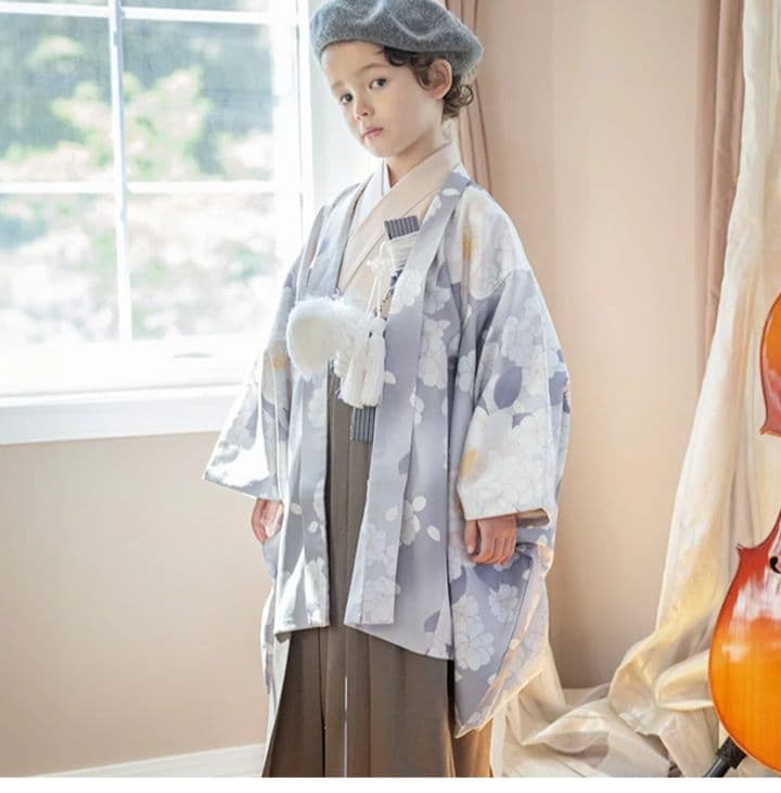 卒園式用 男の子 着物 花柄 グレー系