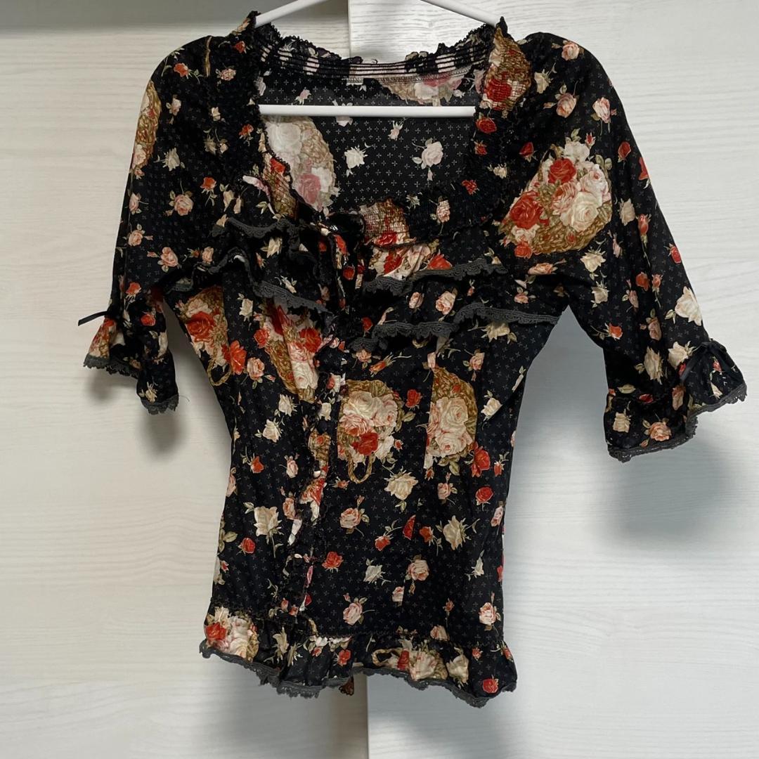 PINK HOUSE　ピンクハウス　花柄半袖ブラウス 黒