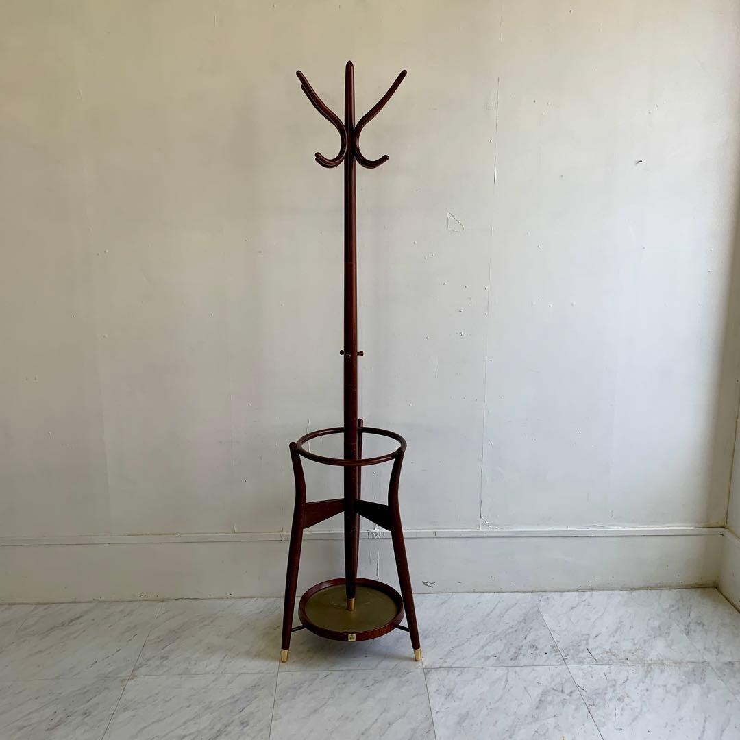秋田木工 ヴィンテージ 木製 コートハンガー 傘立て付き ポールハンガー レトロ