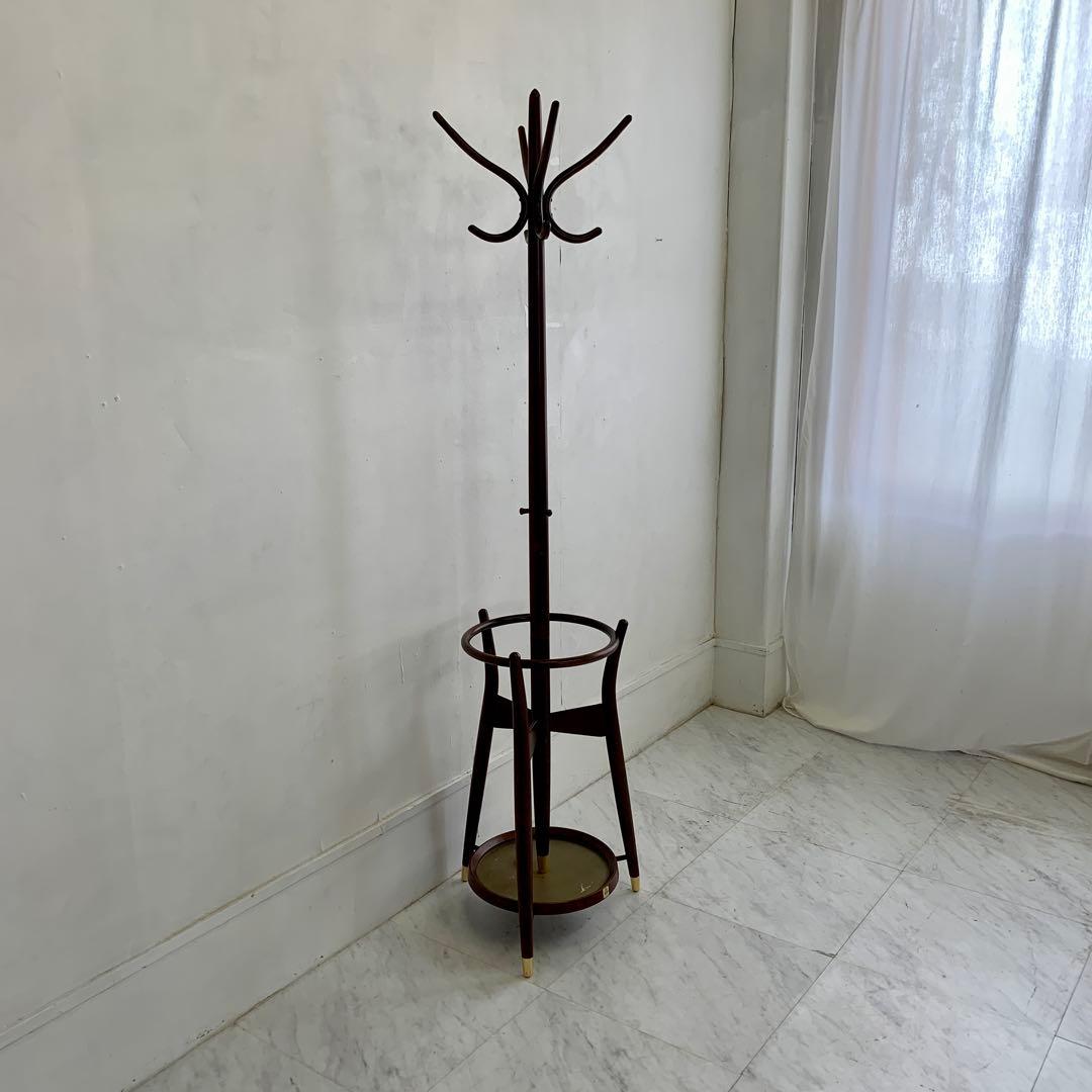 秋田木工 ヴィンテージ 木製 コートハンガー 傘立て付き ポールハンガー レトロ