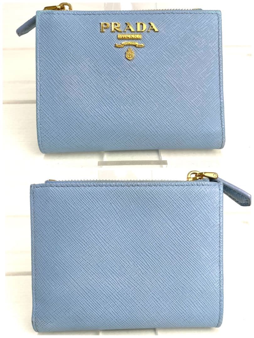 美品 希少✨RFID プラダ 二つ折り財布 サフィアーノレザー ロゴ ファスナー