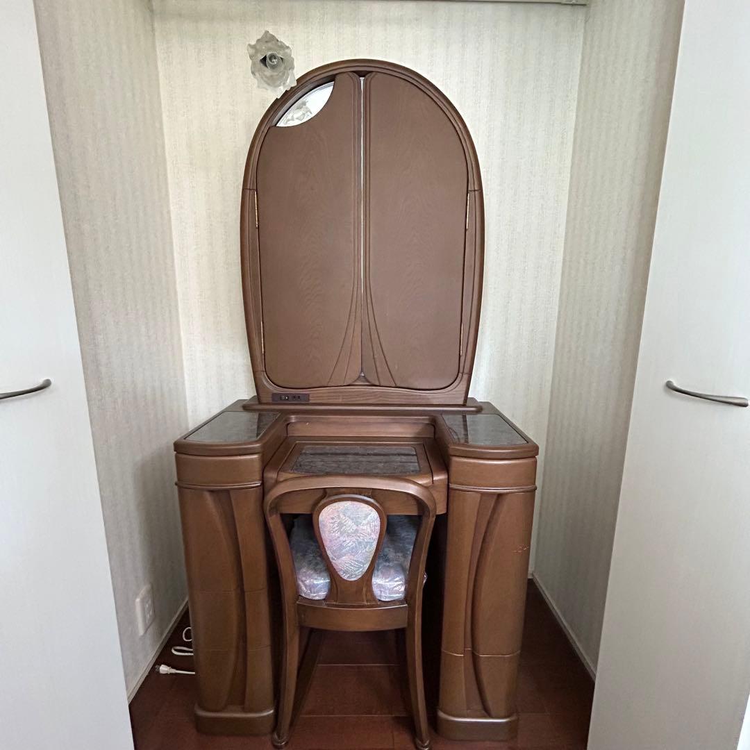 【高級アンティーク】三面鏡ドレッサー 椅子 角元産業 ブラウン 美品 照明・収納