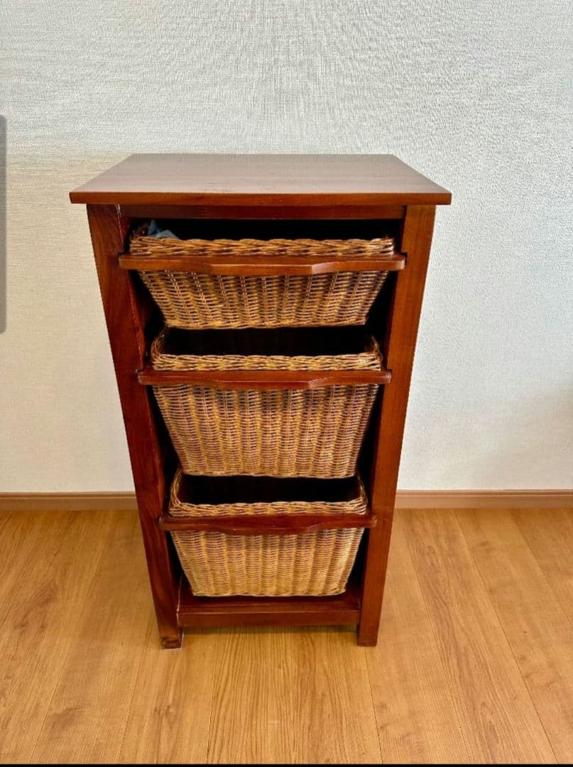 直接取引のみ籐製ラック３バスケット付き ブラウンラタン収納①