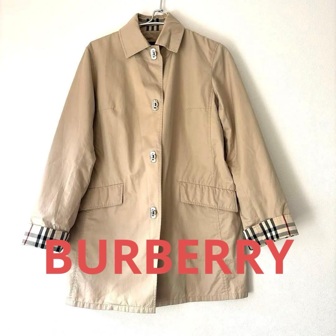 ベージュ ステンカラーコート チェック柄袖