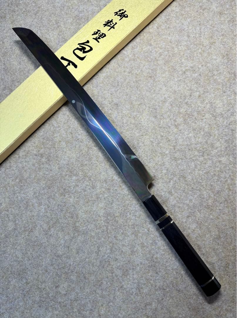 池田美和　蛸引 先丸　水本焼　白一鋼　富士山 全鏡面 尺二寸　黒檀水牛八角柄