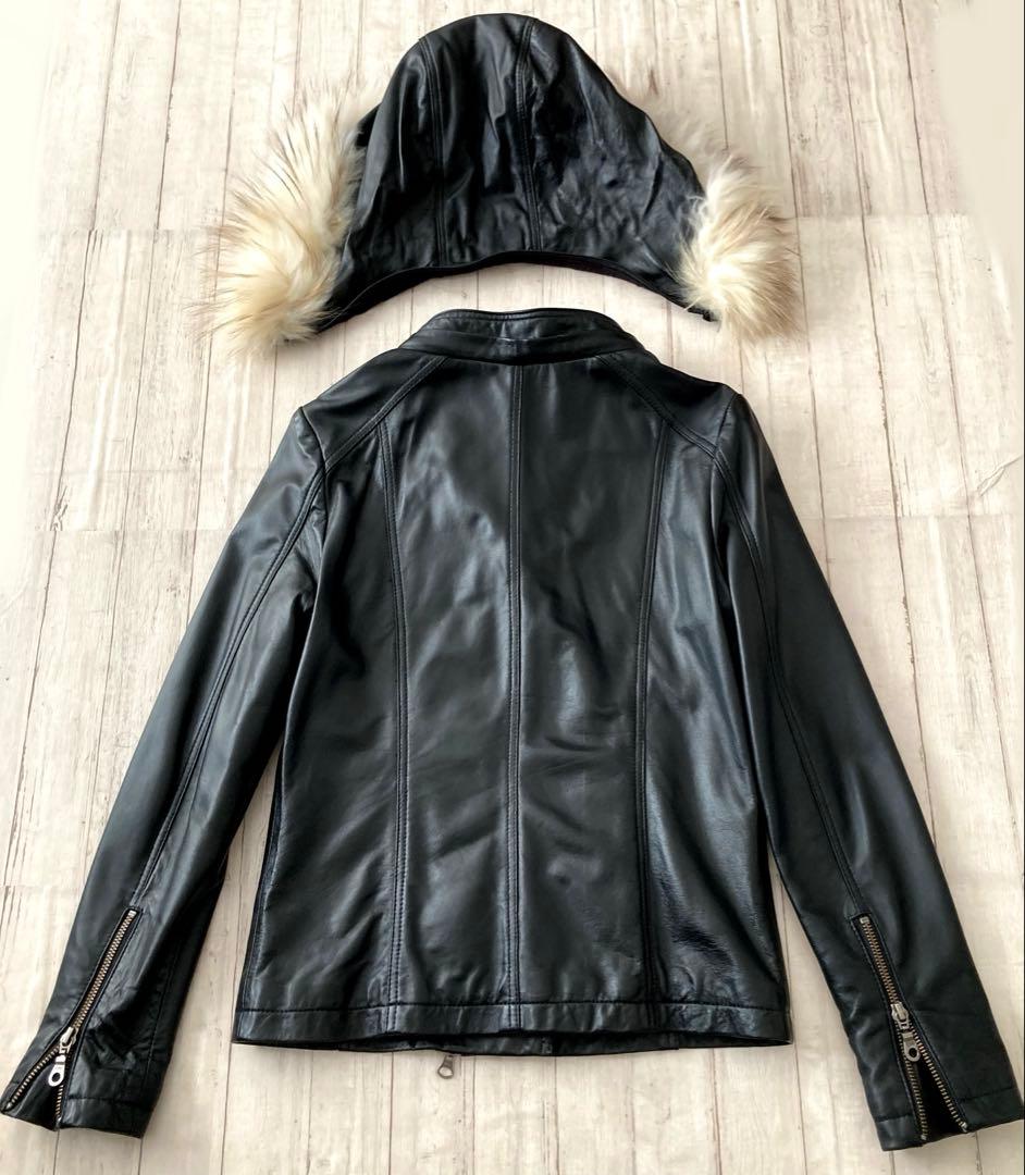 美品★ 羊革　ラムレザー　ライダース　2WAY ジャケット　ダブルジップ　ファー