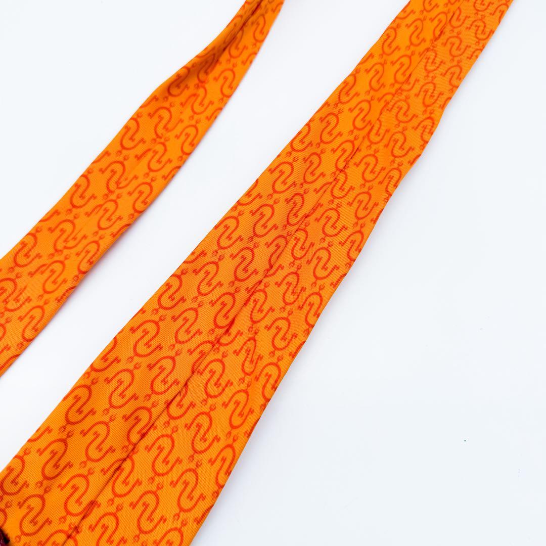 エルメス ネクタイ オレンジ 総柄 シルク100% フランス製 オレンジ