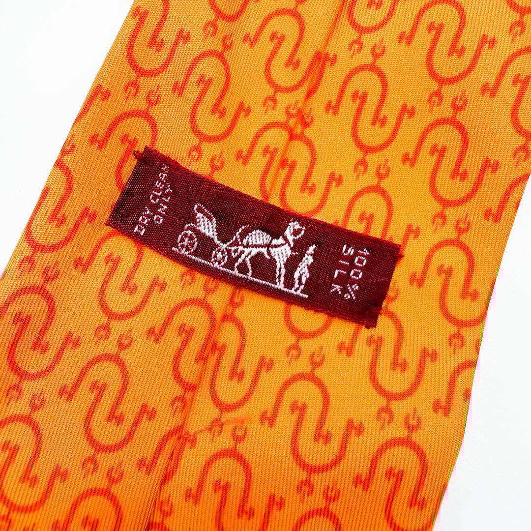 エルメス ネクタイ オレンジ 総柄 シルク100% フランス製 オレンジ